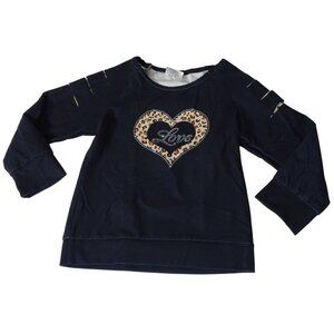 Love Graphic Animal Print Slashed Long Sleeve Shirt Girls Size M Black FLAW